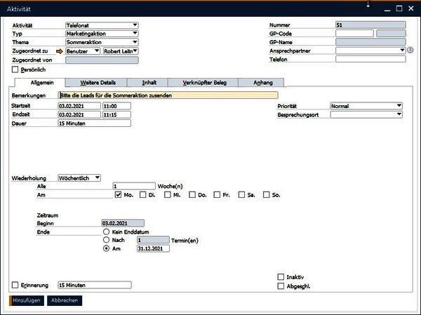 Customer Relation Management Aktivitätenmanagement